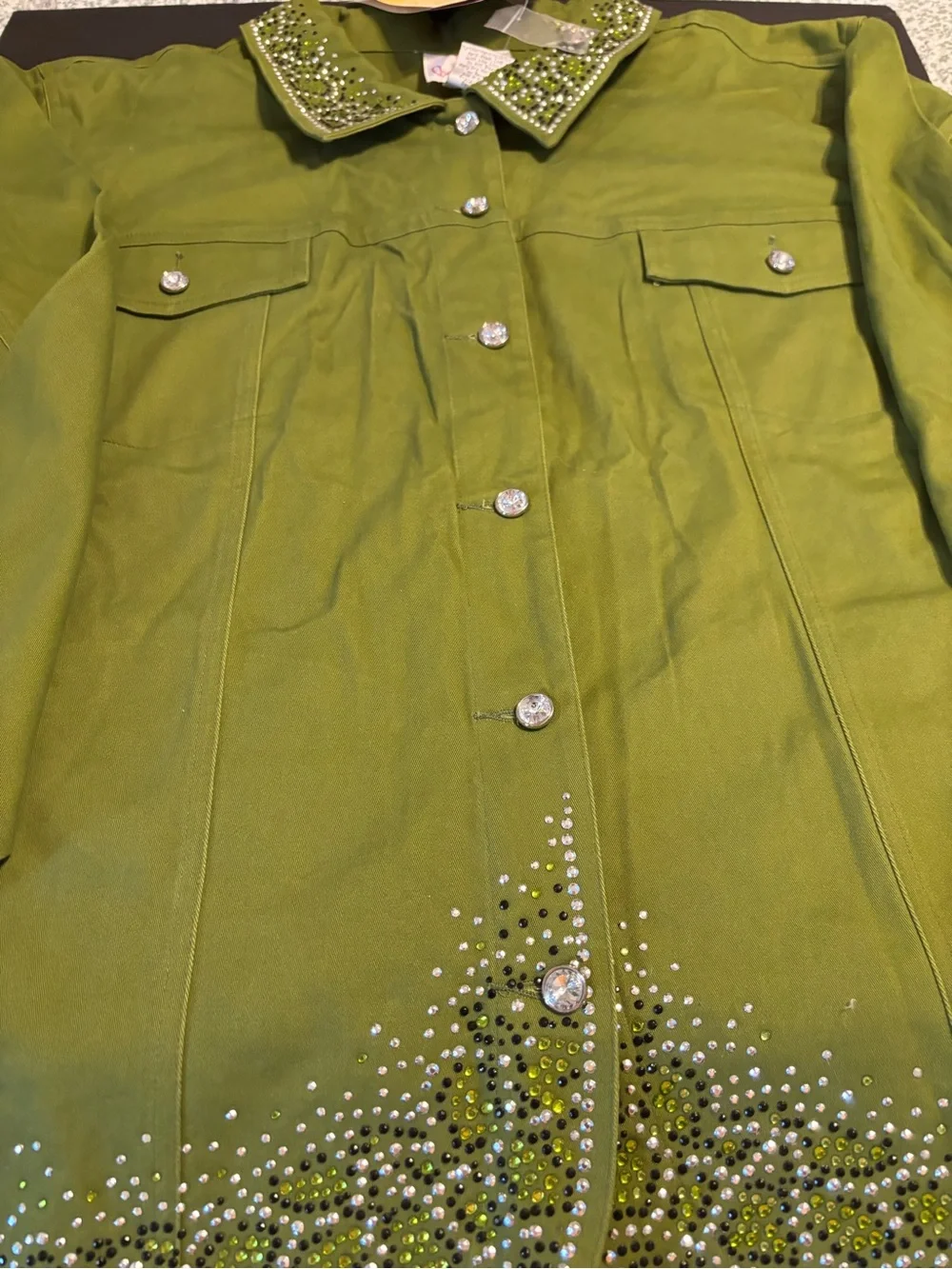 Quacker Factory Women’s 3X Olive Green Rhinestone Button Front Jacket NWT
